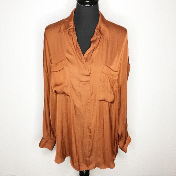 Free People Starry Dreams burnt orange silky v neck tunic top size Medium - Picture 2 of 16